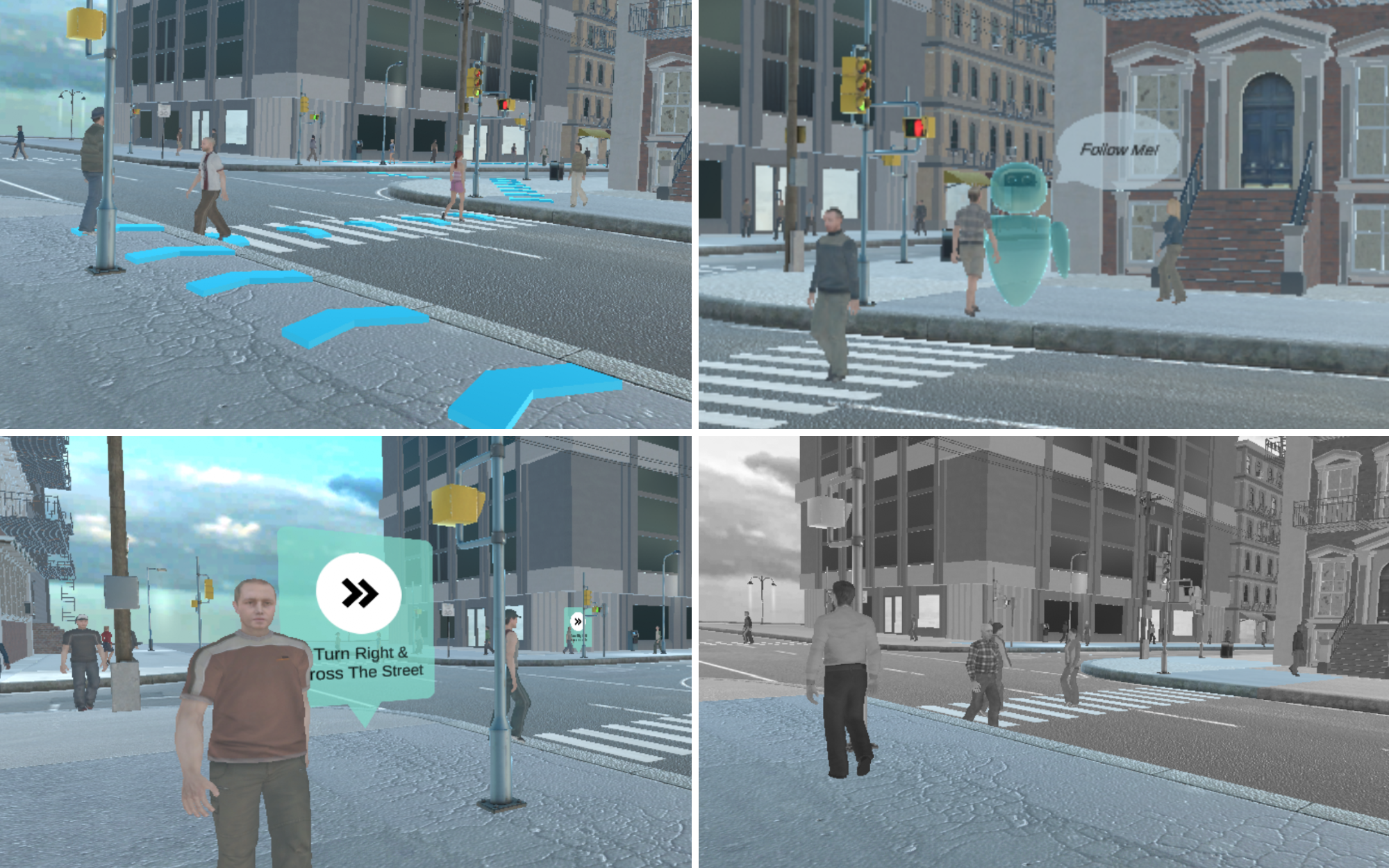 Four well-liked navigation instructions for mixed reality, including arrows (top left), avatar (top right), call outs (bottom left), and desaturation (bottom right).