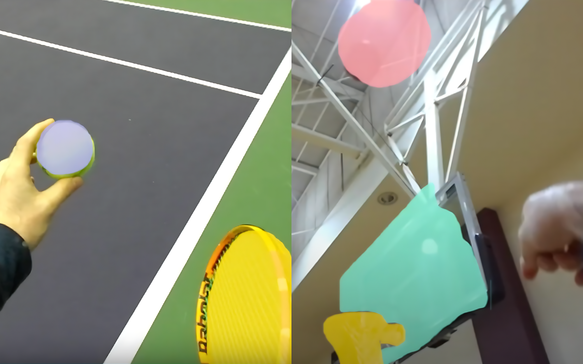 A first-person point-of-view of a low vision participant using ARSports. Different elements of basketball and tennis, such as balls and nets, are overlayed with colored augmentations.