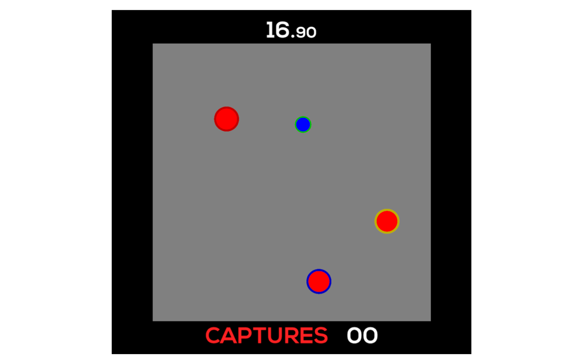 Our game interface consisting of a prey (blue) and predators (red) used to measure complacency.
