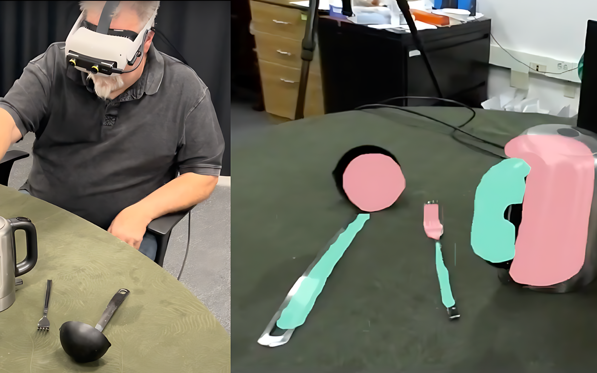 On the left, a low vision participant is using CookAR in a tool pickup task. On the right is the first-person point of view showing green augmentations overlayed on grabbable areas of cooking tools and red augmentations on hazardous areas.