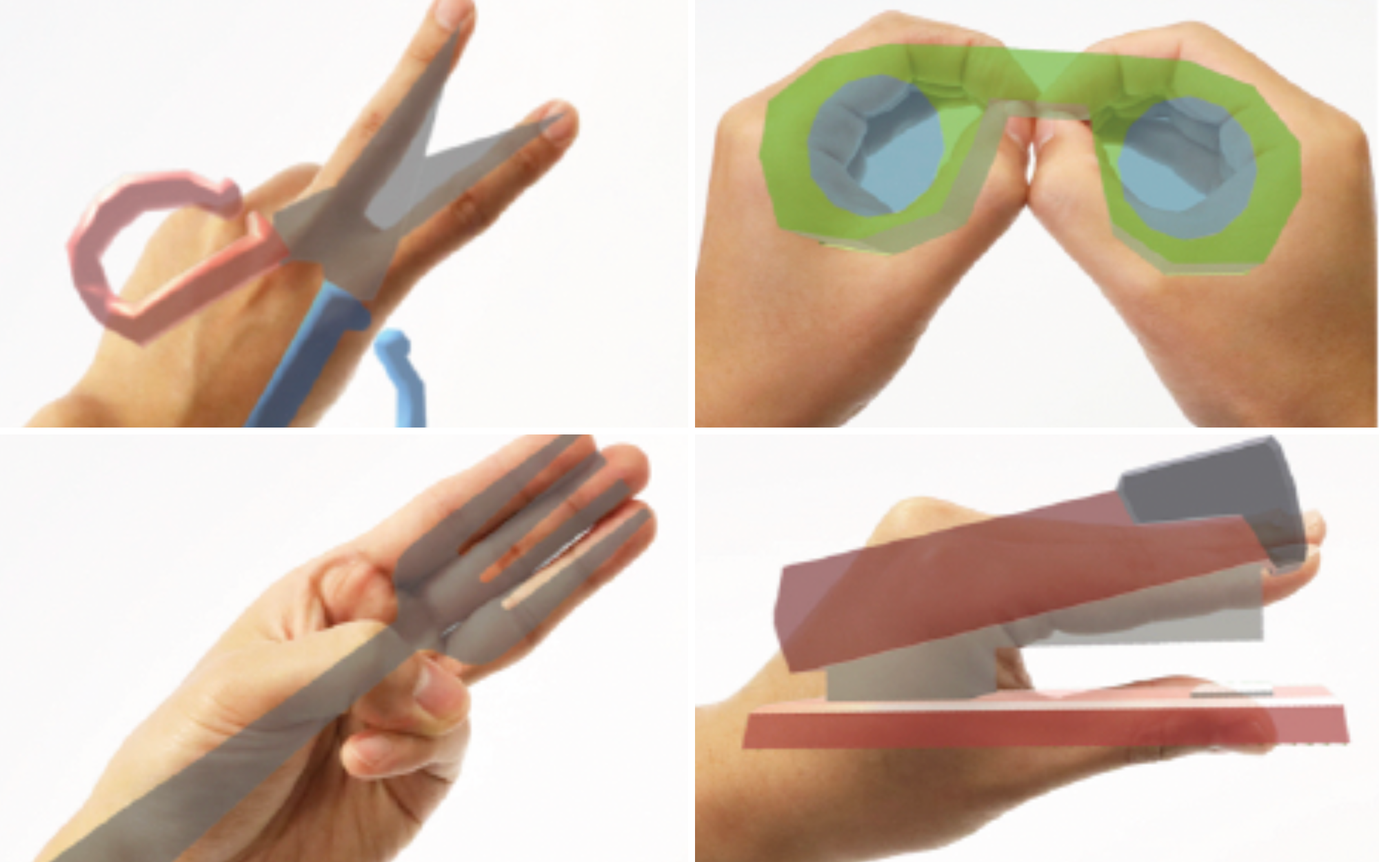 Four of many hand interfaces, including scissors (made by extending the index and middle fingers), binoculars (making circles with both hands and putting them together), forks (made by extending the index, middle, and ring fingers), and staplers (forming an alligator mouth with one hand).