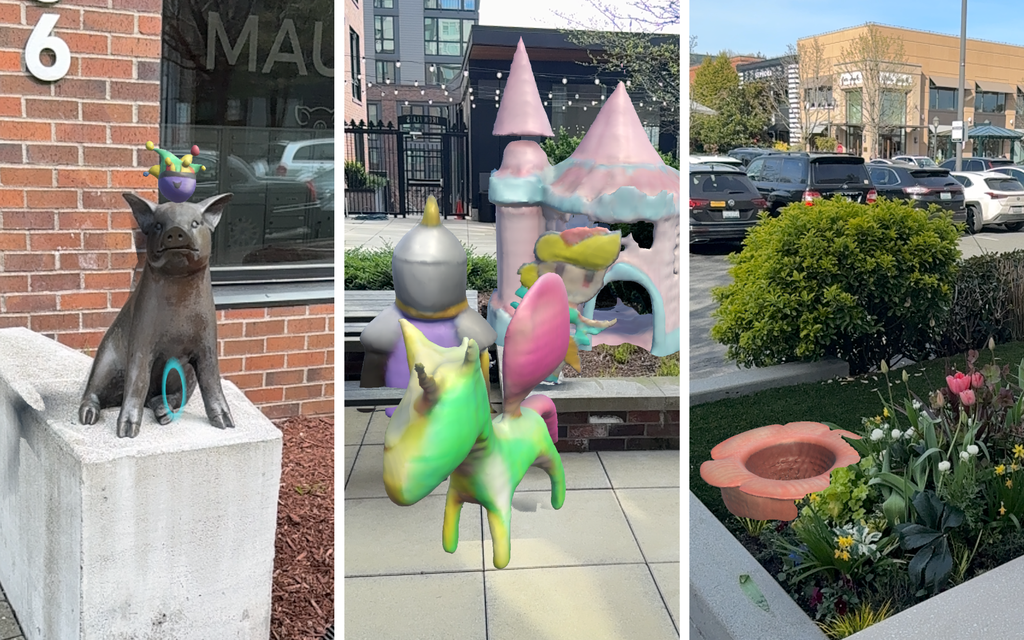 Example AR scenes authored using ImaginateAR, including a pig statue wearing a silly hat, a backyard fairytale with a knight and a princess, and an endangered species (Rafflesia) planted on a flower bed.